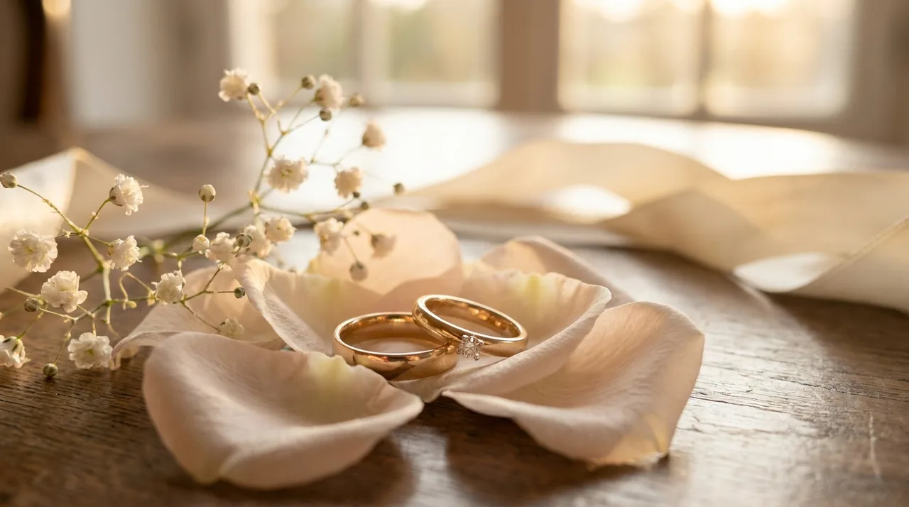 Wedding rings resting on soft flowers in warm natural light